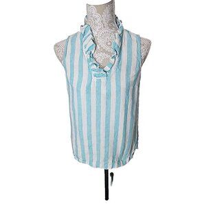 Crown & Ivy Top Blue White Striped V Neck Sleeveless Linen Women's Small
